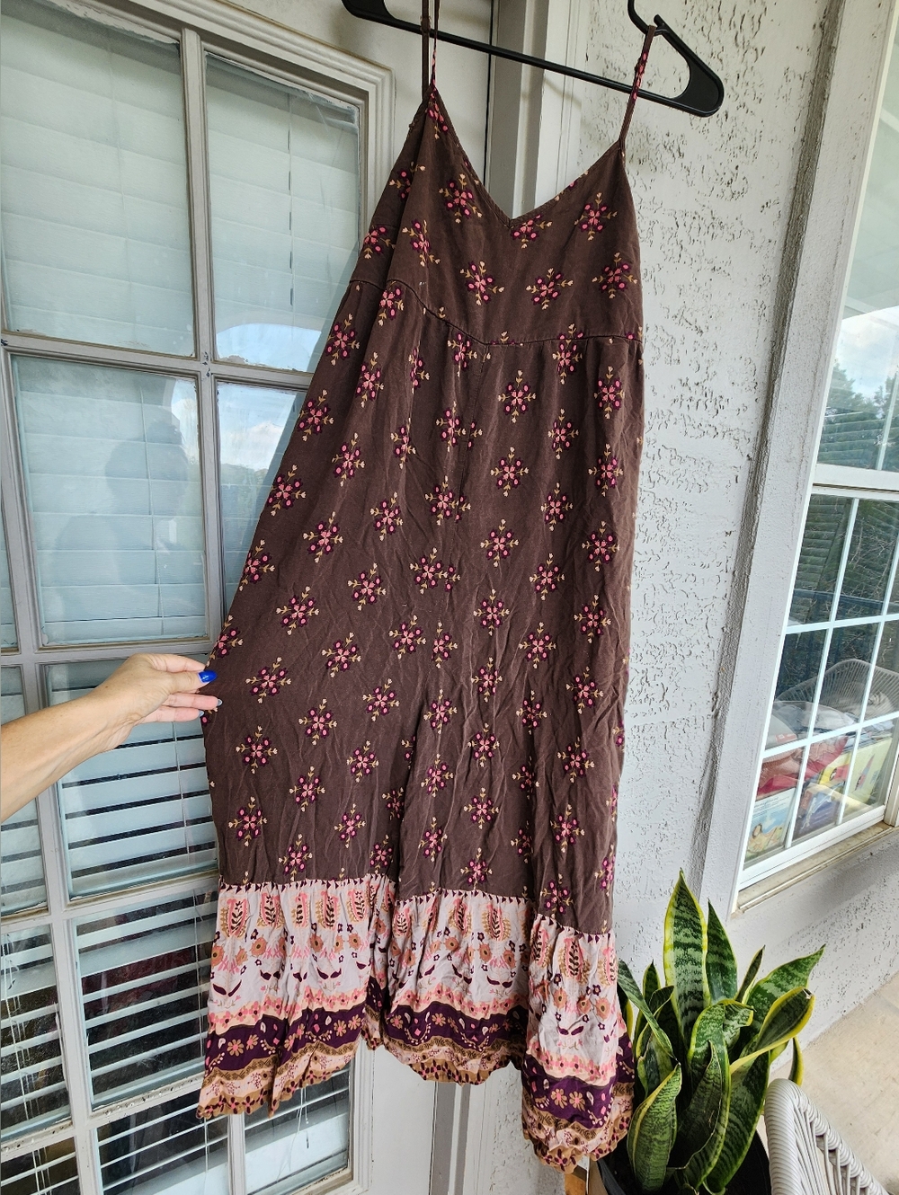 Natural Life Boho Brown Floral Jumpsuit with Pink Accents